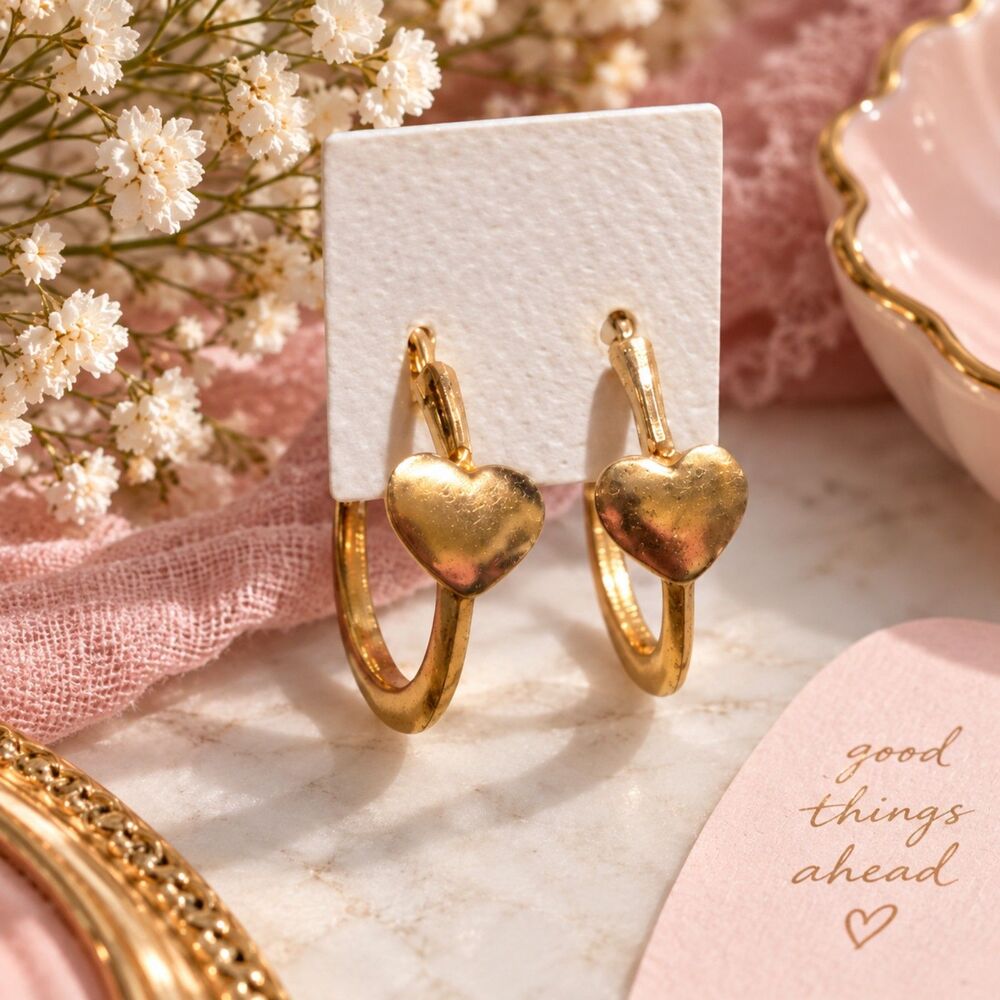 Gold Tone Heart Hoop Earrings Small Open Hoop Romantic Minimalist Vintage Style